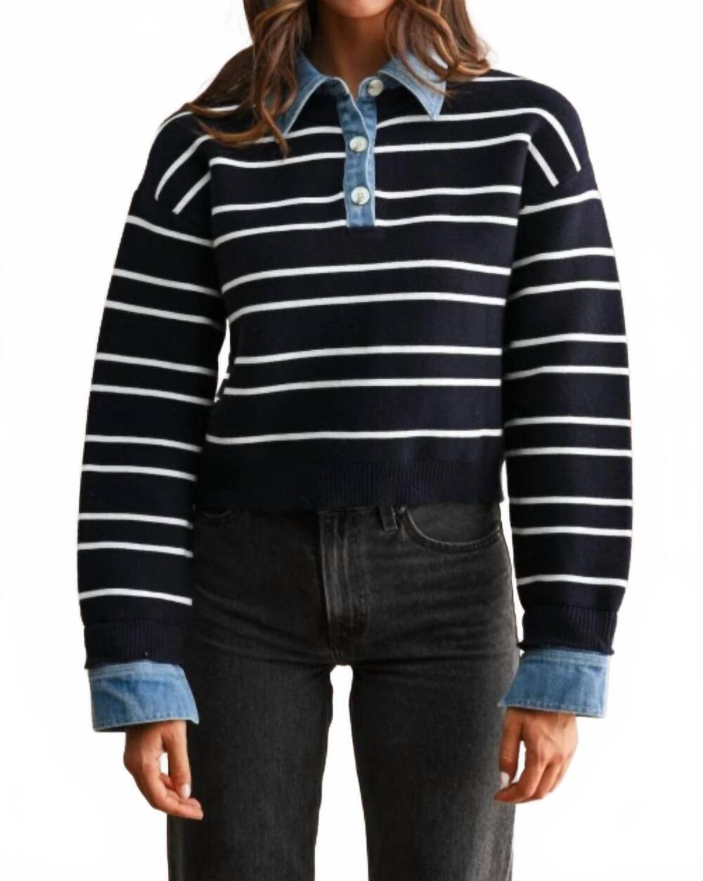 NEW MABLE striped sweater with contrast denim detail in navy
